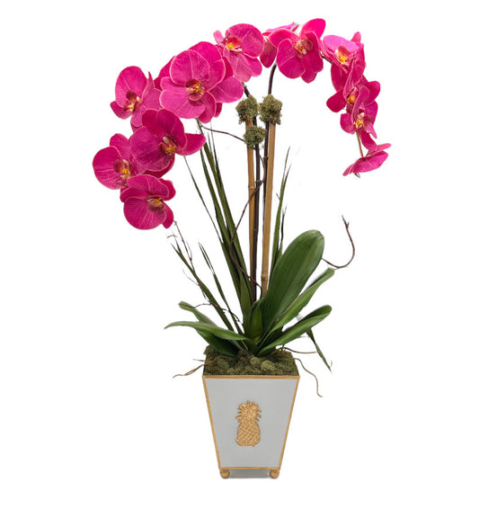 Welcome Pineapple Square Cachepot w/Fuschsia Double Orchid